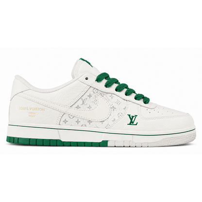 LV x Nike Dunk Low Sneaker in White and Green Monogram Canvas