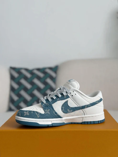 Louis Vuitton LV x Nike SB Dunk Low White Blue Denim Monogram Sneaker
