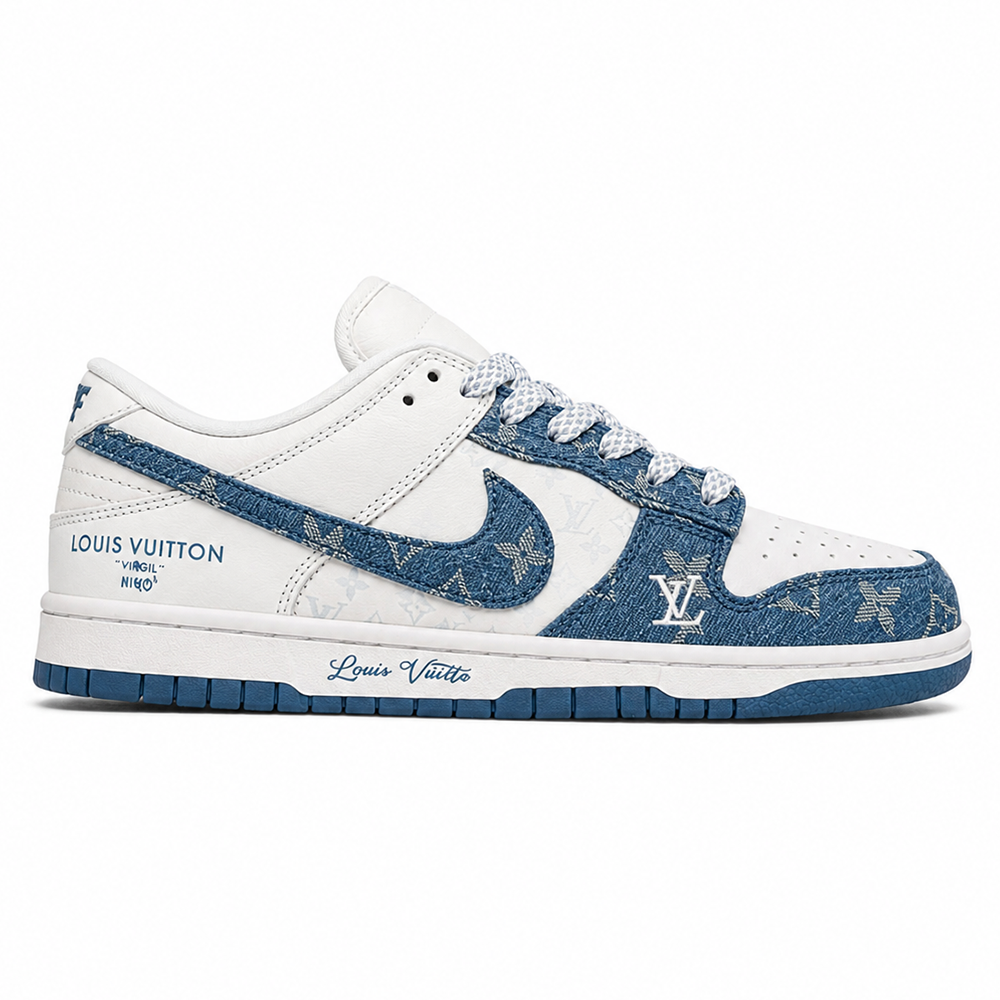 Louis Vuitton LV x Nike SB Dunk Low White Blue Denim Monogram Sneaker