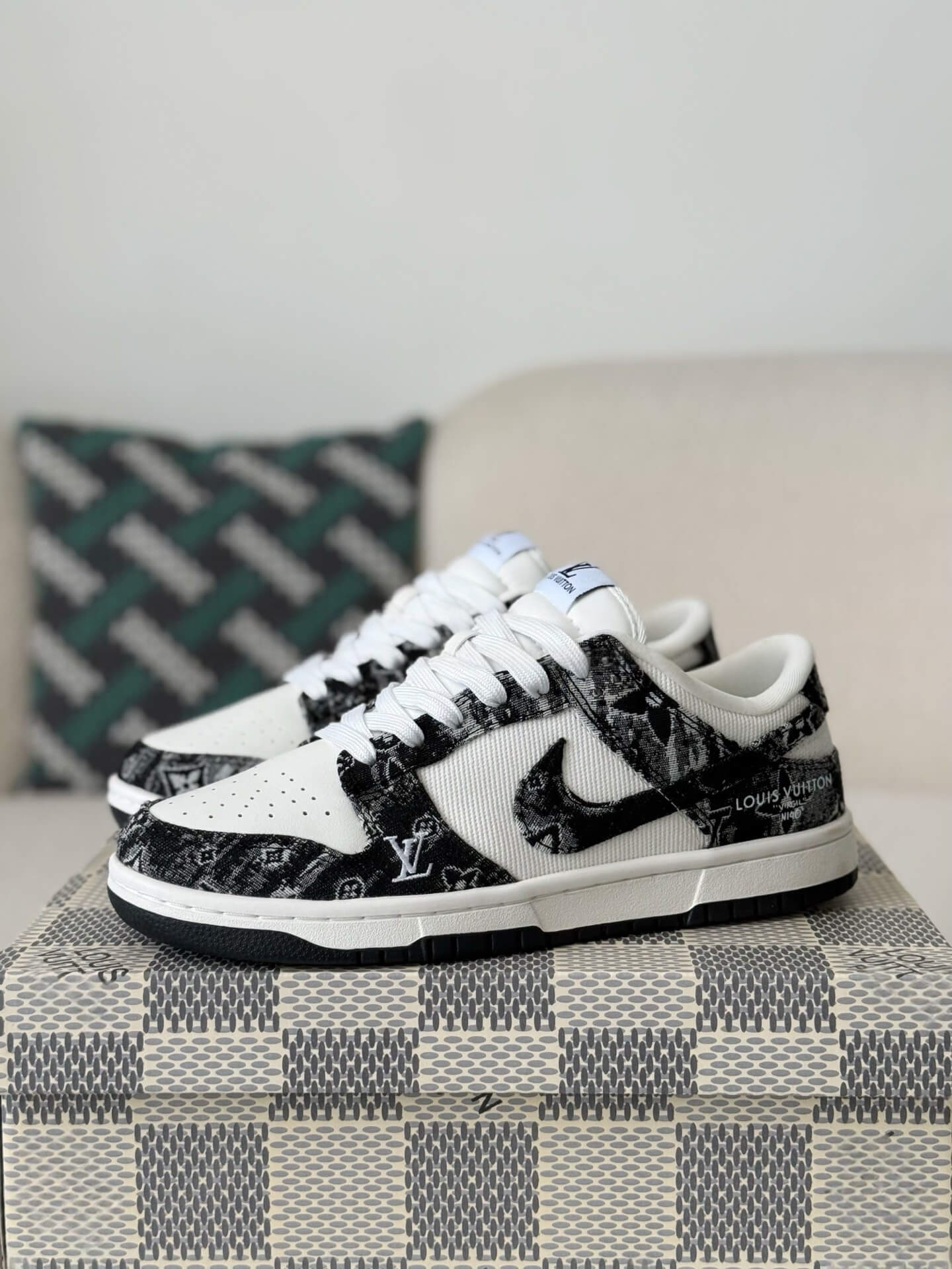 LV x Nike Dunk Low Sneaker in Black and White Monogram Canvas