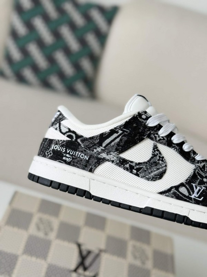 LV x Nike Dunk Low Sneaker in Black and White Monogram Canvas