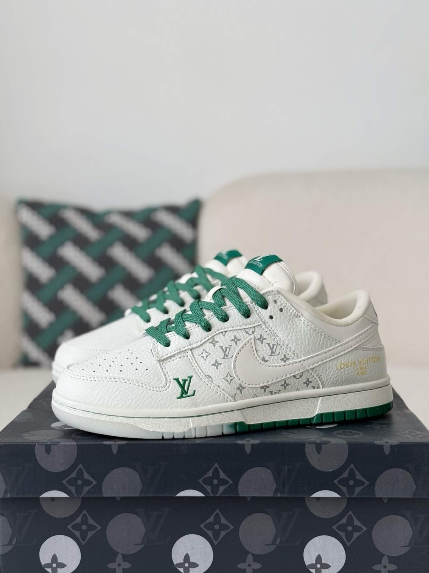 LV x Nike Dunk Low Sneaker in White and Green Monogram Canvas