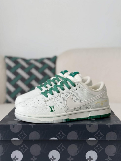 LV x Nike Dunk Low Sneaker in White and Green Monogram Canvas