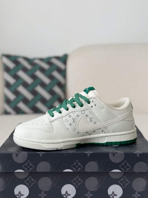 LV x Nike Dunk Low Sneaker in White and Green Monogram Canvas