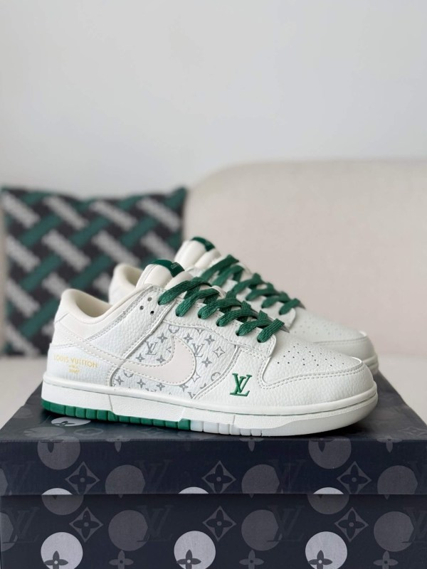 LV x Nike Dunk Low Sneaker in White and Green Monogram Canvas