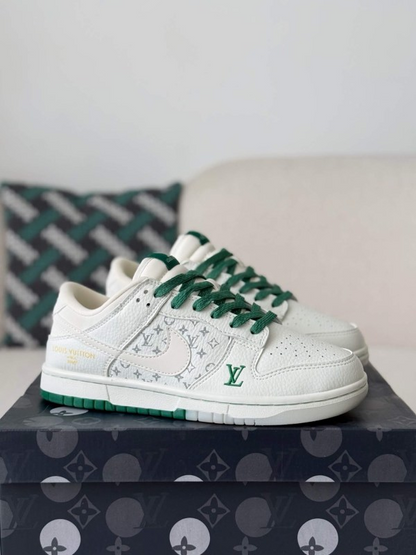 LV x Nike Dunk Low Sneaker in White and Green Monogram Canvas