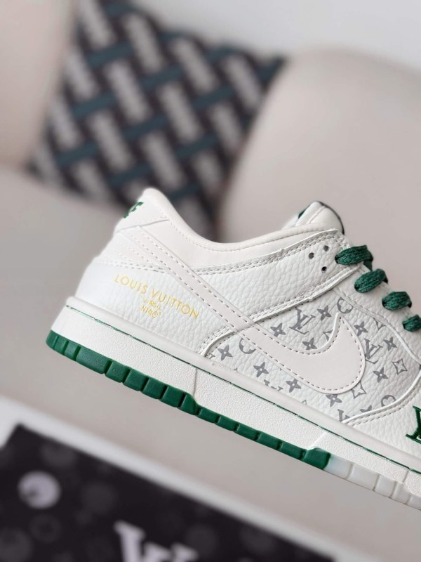 LV x Nike Dunk Low Sneaker in White and Green Monogram Canvas