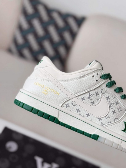 LV x Nike Dunk Low Sneaker in White and Green Monogram Canvas