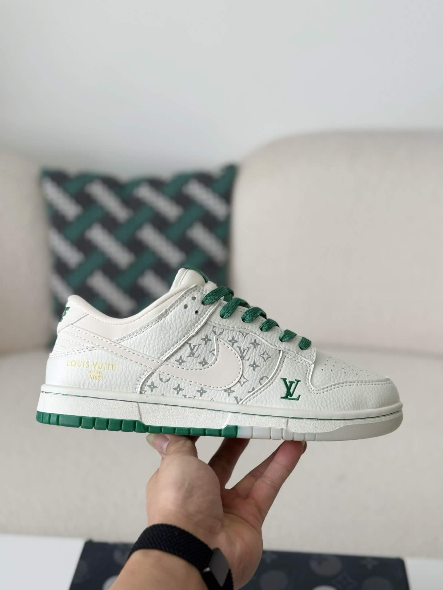 LV x Nike Dunk Low Sneaker in White and Green Monogram Canvas